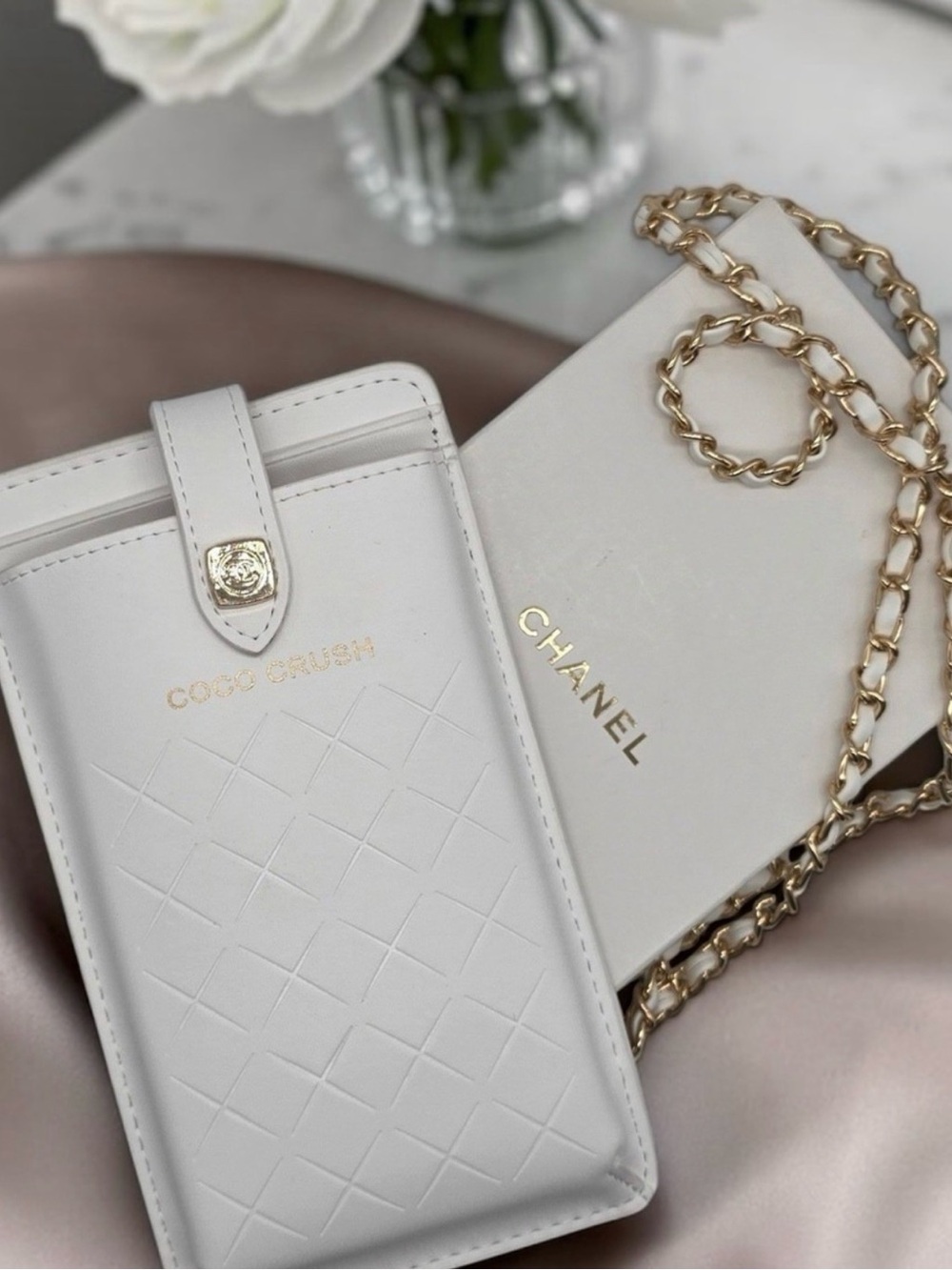 CHANEL White Quilted Phone Wallet with Gold Chain